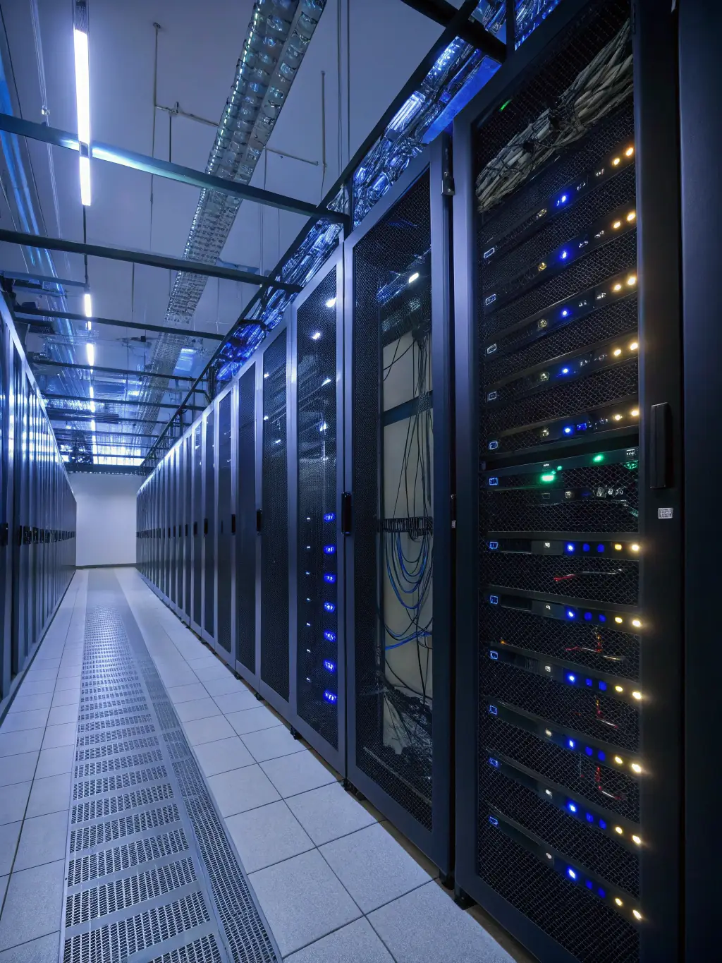 An image of neatly organized network cables and power distribution units in a data center, representing Doc Security's structured cabling and power supply services.