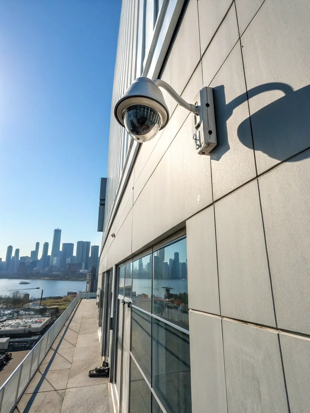 A photo of CCTV cameras and access control panels installed at a corporate office entrance, showcasing Doc Security's access control and video surveillance solutions.